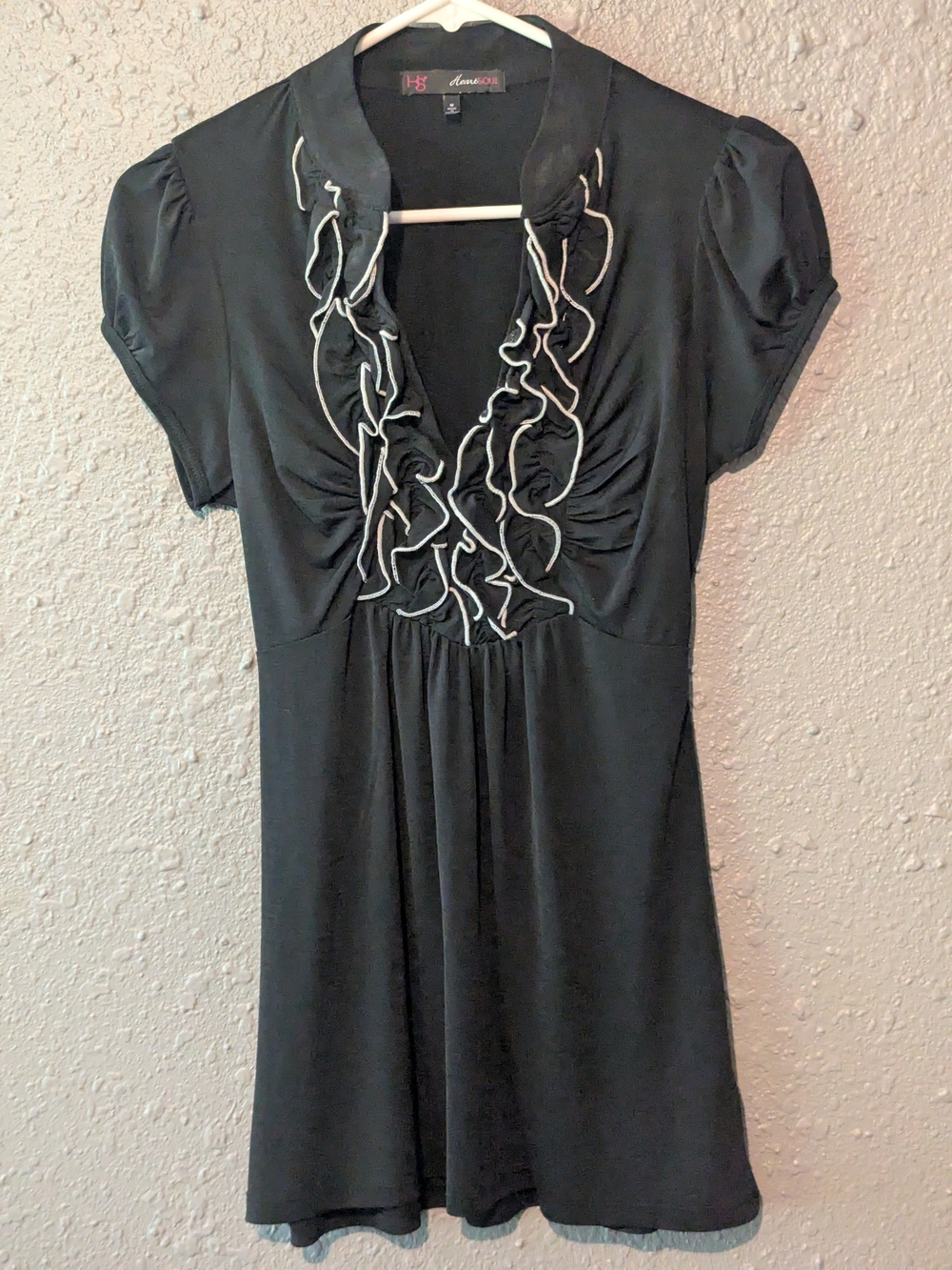 Sz M Black Ruffle-Front Short Sleeve Dress